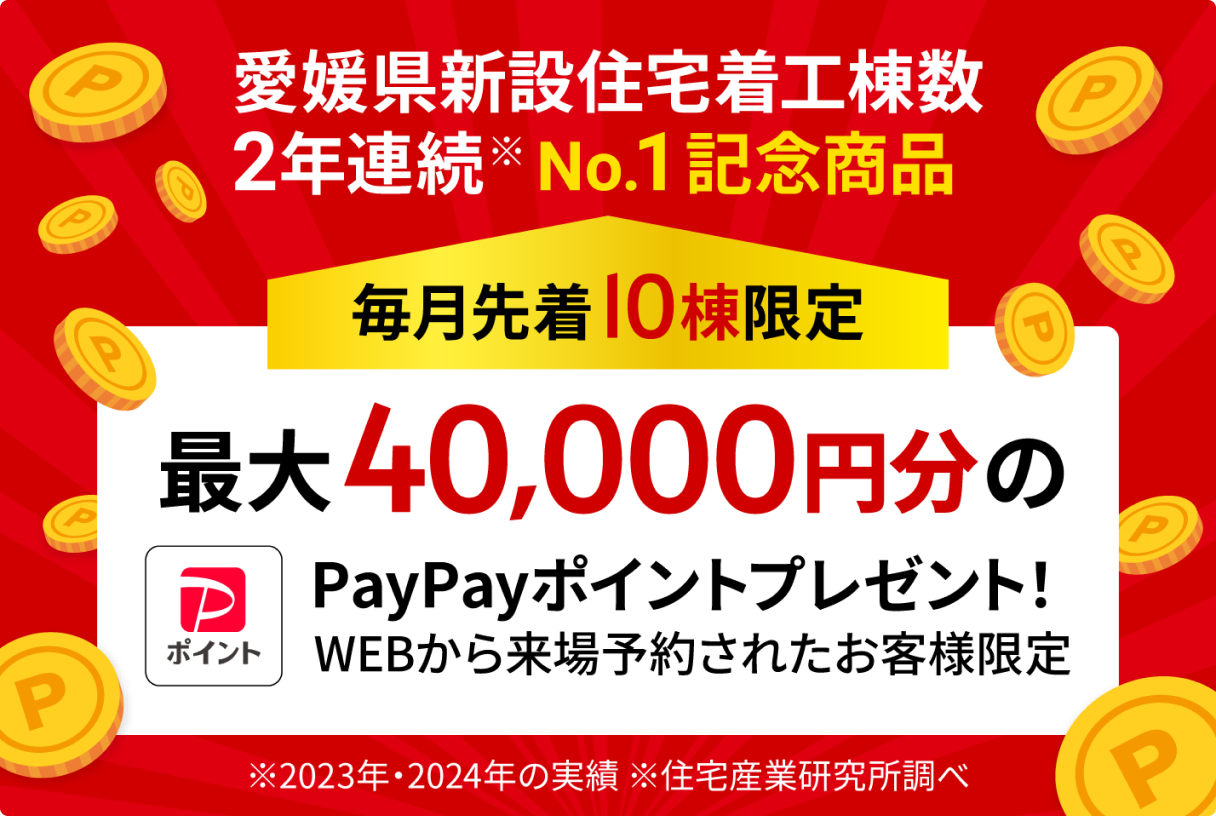 愛媛県新設住宅着工棟数 2年連続No.1 記念商品 毎月先着10棟限定 最大40,000円分のPayPayポイントプレゼント！ WEBから来場予約されたお客様限定 ※2023年・2024年の実績 ※住宅産業研究所調べ