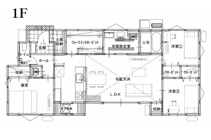 【松山市余戸東】 ◆25坪 3LDK・勾配天井を活かした開放感ある住まい◆の間取り図