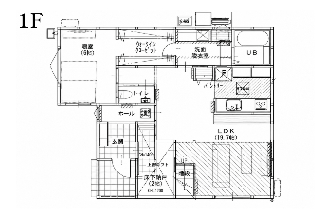 【西条市小松町】 ◆22坪1LDK+ロフト・パントリー×収納◆の間取り図